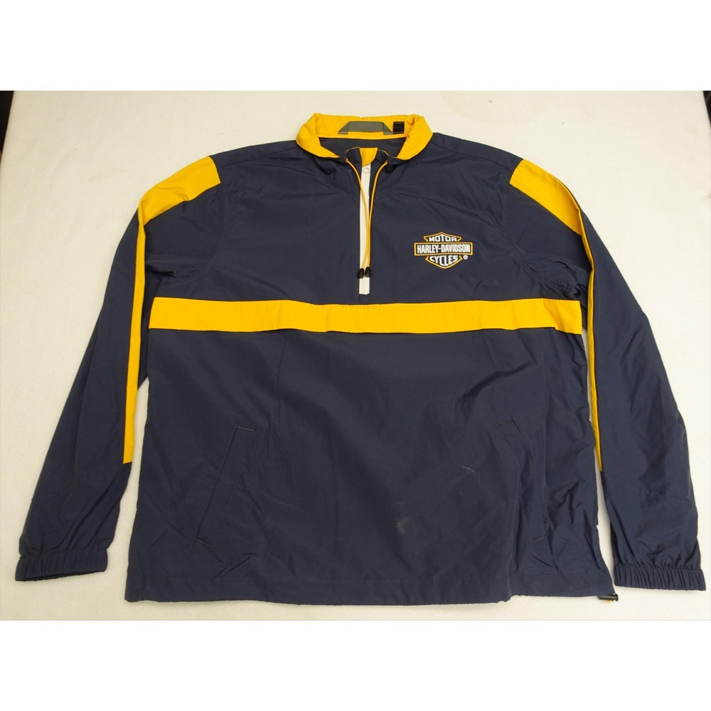 Harley-Davidson Jacket Mens XL Blue Yellow 1/4 Zip Windbreaker Pullover Logo